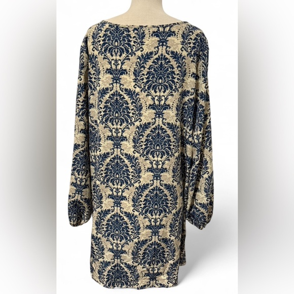 SHEIN LUNE Notched Neckline Lantern Sleeve Blue & Cream Patterned Dress Size XL - Picture 2 of 3